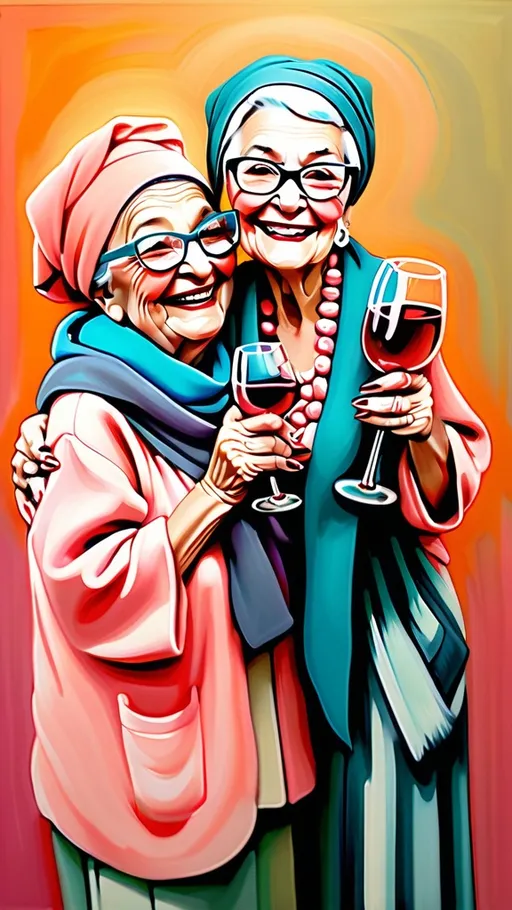 Prompt: Long view, oil painting. Two multi-cultural laughing grannies cheek to cheek with hair scarves covering all their hair. Both wearing shades of coral and teal. They both have on lipstick and blush. One has oval glasses on. One is holding a glass of wine in the air. There is an adorable very fluffy cat nuzzling one of the grannies on the chin with the top of its head.