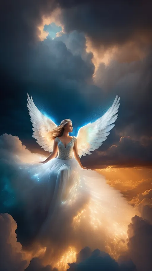 Prompt: Create Beautiful woman, a delicate angel, sitting on a cloud in mid-air, back to viewer, in a stormy sky, her full body, symmetrical, glistening wings outstretched, masterfully rendered in exquisite detail, showcasing intricate textures, and an ethereal ambiance, with soft, luminous lighting, and a silent, iridescent glow, with a mix of realism and fantasy, blending traditional and digital media, in a highly detailed, high-resolution image, with a shallow depth of field, and a subtle bokeh effect, set against a storm backdrop