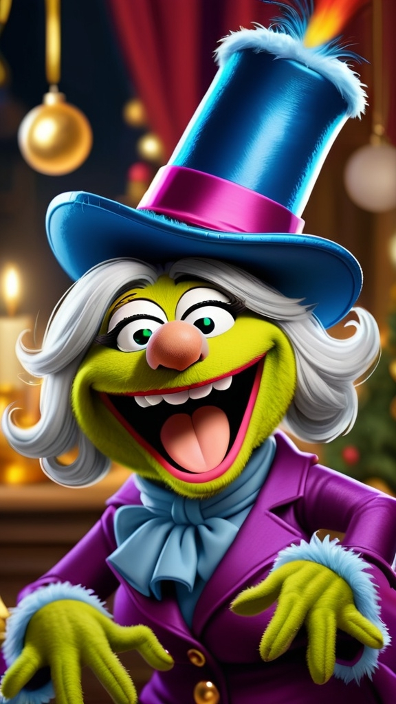 Prompt: Muppet Show style Muppet Show laughing granny monster Digital painting  BG Muppet house New Year’s Eve theme 