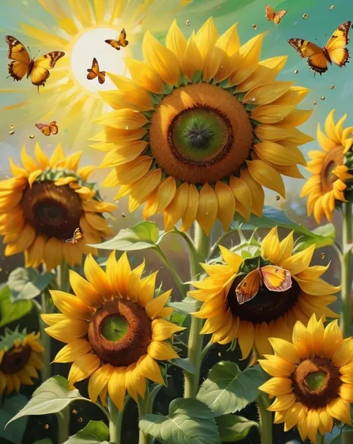 Prompt: Textured 8K 300DPI oil painting ultra-realism background vibrant sunflowers with yellow and green and brown butterflies flying in the sky; background vibrant sun shining light sprinkles in sunflower garden