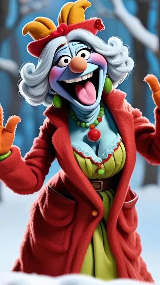 Prompt: Muppet theme, vibrant, ultra-detailed, Extreme long view, full body, Muppet Show style, Muppet laughing granny monster gesturing, BG winter 