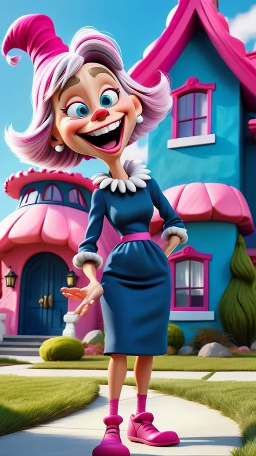 Prompt: Whoville house with Full head to toe view laughing female granny holding her puppystanding in front of large house Dr Seuss style, 3D animation in BG whoville theme house, extreme long view, head to toe, theme navy blue with hot pink and white abstract shapes.
