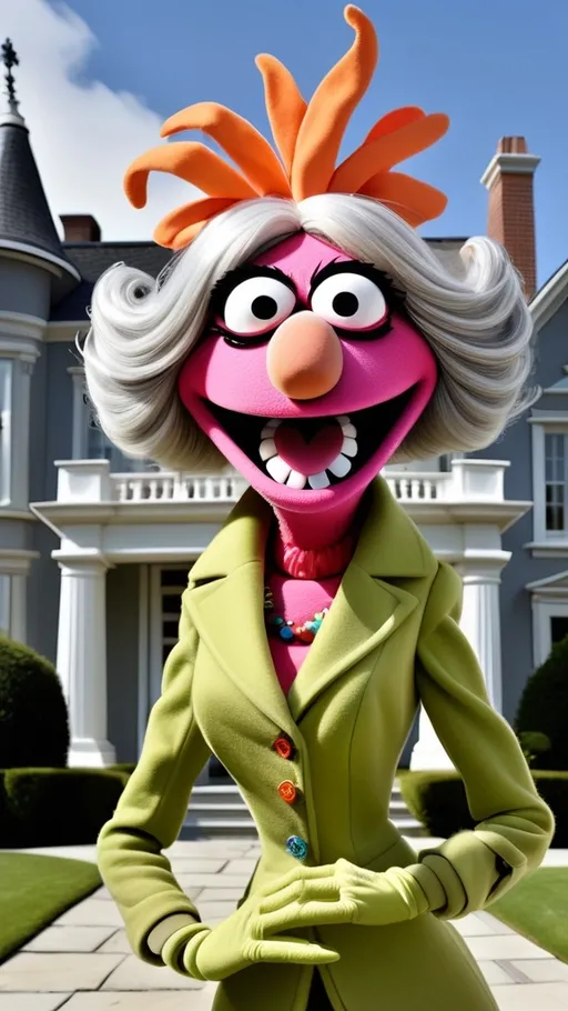 Prompt: head to toe view, Extreme long view,, Muppet theme, vibrant, ultra-detailed, Muppet Show style, standing in front of a mansion, Muppet granny monster, gray hair. Expression: unhinged, frantic, confused, disoriented. The overall style is Springtime modern, whimsical, and full of life,.  BG modern style mansion 