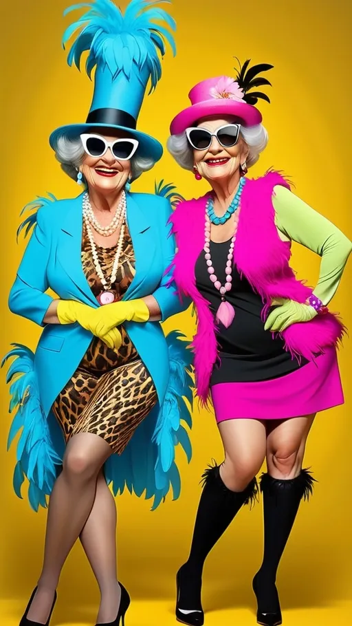 Prompt: Dr Seuss style Dr Seuss 2 laughing, gesturing grannies Standing next to each other, knees bent and knee of lady on left are is touching knee of lady on right. Wearing hats with feathers and flowers on them, large sunglasses, large earrings, necklace, bracelets, miniskirts, knee length boots, Lady on left has vibrant long sleeve animal print shirt on. Lady on right has vibrant sleeveless polka dot shirt and feather boa BG whoville