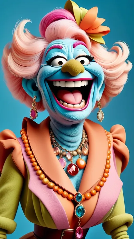 Prompt: Extreme long view, full body, Muppet theme, vibrant, ultra-detailed, Muppet Show style, Muppet laughing granny monster gesturing, beaming with joy, face etched with deep laugh lines and bright, sparkling eyes. adorned with statement jewelry such as bold necklaces and earrings that catch the light. The colors are rich and harmonious, with soft pastels and earthy tones that evoke a sense of coziness and playfulness. The overall style is modern, whimsical, and full of life, with bold lines and delicate textures that create a sense of energy.  
