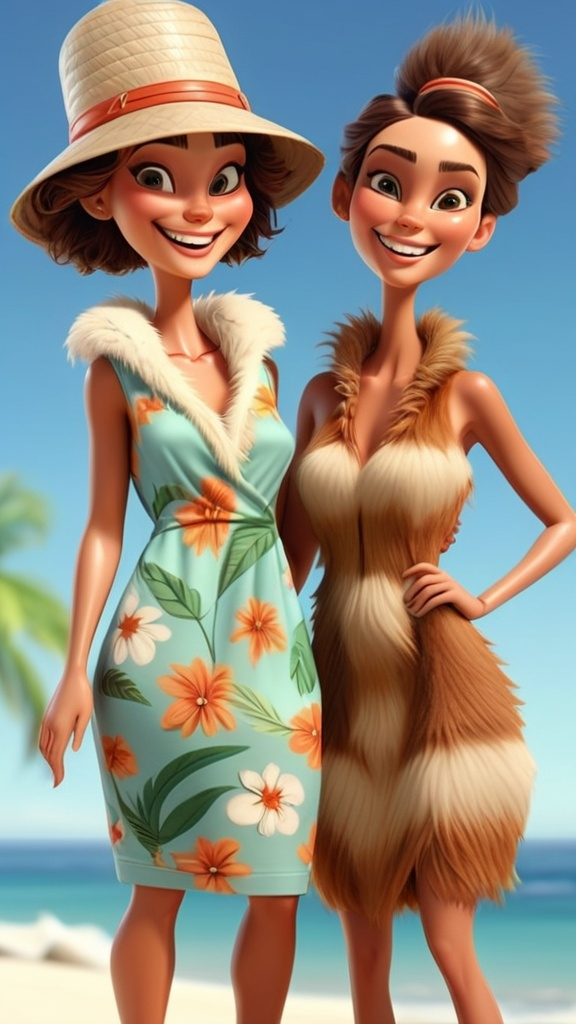 Prompt: 3D animation, 2 comical female animals wearing Tommy Bahama dresses, all skin covered with fur, gathered together, smiling