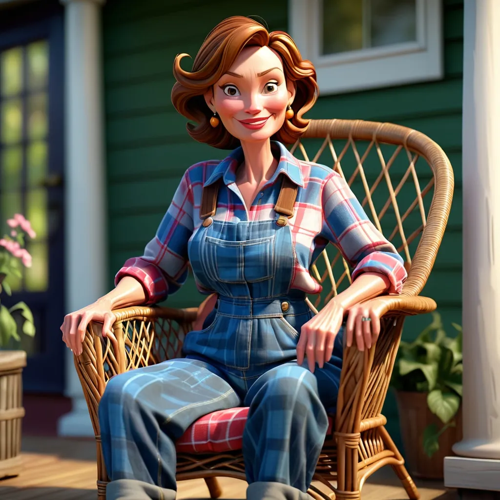 Prompt: (((3D animation))), woman, age 50, full body, wrinkles, sitting in a wicker chair on her front porch, look of contentment, full body, very happy, wearing flannel shirt and overalls 