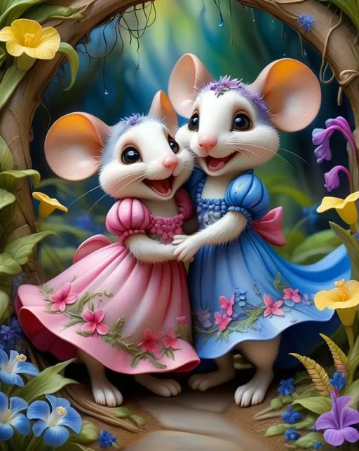 Prompt: A whimsical, painterly fantasy oil painting of 2 adorable hugging happy mice wearing beautiful long dresses. Embracing each other in the middle of border flowers.  The artwork features vibrant foliage, with vines, textured, hibiscus, bluebells, wild garlic, ferns, palms, Lupine, Allium, Hollyhocks, Foxglove, Delphiniums, Phlox, and a path winding into the adventure, all captured with oil paint splatters, and soft brush strokes. Magical discovery, enchanted forest entrance, excitement, vibrant ecosystem. bas relief, 3D, metallic neon colors, in the style of Josephine Wall and children's comics