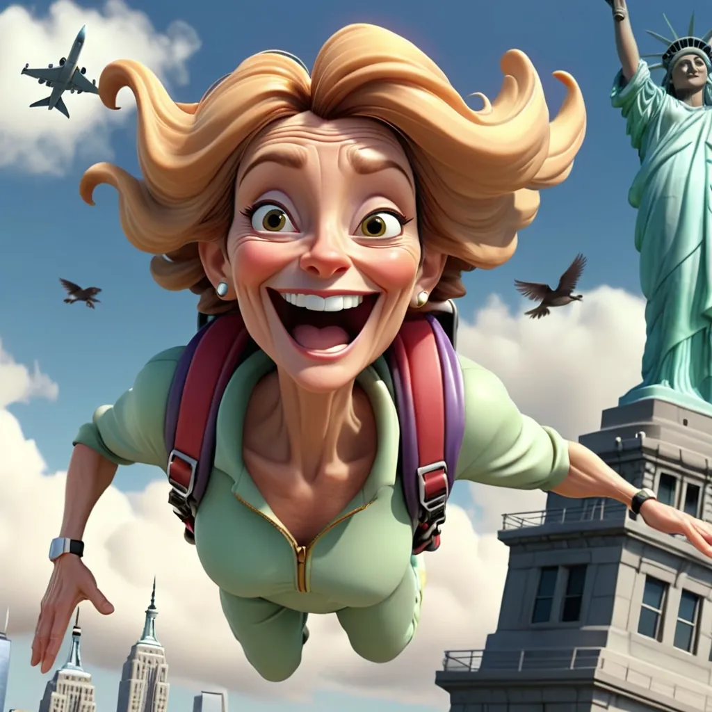 Prompt: 3D animation, middle aged woman with wrinkles, a happy face, skydiving, full body, very detailed, extreme long view, next to a plane and a bird near the Statue of Liberty over with New York skyline