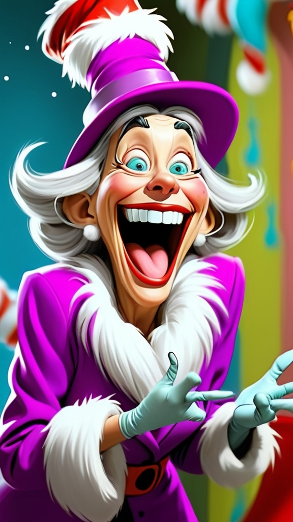 Prompt: Dr Seuss style Dr Seuss laughing granny gesturing get out Digital painting in whoville BG whoville seussical winter theme 