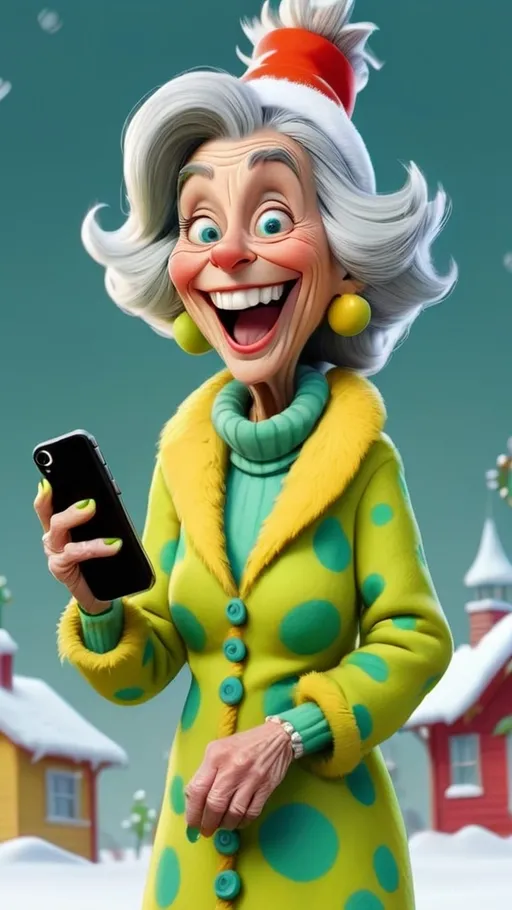 Prompt: Dr Seuss style, laughing granny Seuss holding iPhone wearing yellow green polka dots 3D animation in BG whoville winter theme, full body, extreme long view 