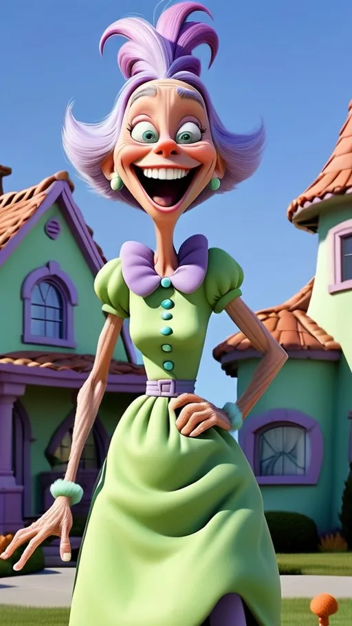 Prompt: Whoville house with Full head to toe view laughing  female granny standing in front of large house Dr Seuss style, giggling granny Seuss, wearing green lavender and periwinkle clothes 3D animation in BG whoville theme house, extreme long view, head to toe