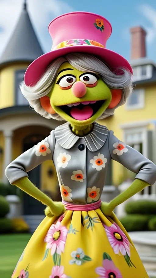 Prompt: Stern granny, head to toe view, Extreme long view, Muppet theme, ultra-detailed, Muppet Show style, standing in front of a mansion, upset furious angry gesturing granny monster, expressive irritated look and making an irritated gesture, gray hair. Floral dress, yellow pink, matching hat. The overall style is Springtime modern.  BG modern style mansion, workout fitness clothing,