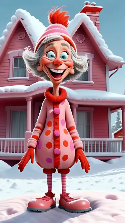 Prompt: Snow covered house with Full head to toe view laughing female granny standing in front of large house Dr Seuss style, giggling granny Seuss wearing light red with pink dots 3D animation in BG whoville winter theme snow covered house, extreme long view, head to toe 