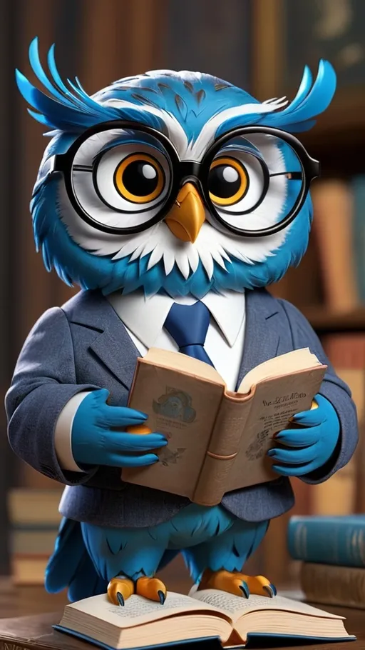 Prompt: 3D Owl blue feathers, wearing glasses, holding a book, with a suit on