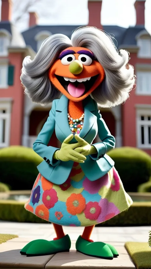 Prompt: head to toe view, Extreme long view,, Muppet theme, vibrant, ultra-detailed, Muppet Show style, standing in front of a mansion, Muppet laughing gesturing granny monster, gray hair. The overall style is Springtime modern, whimsical, and full of life,.  BG modern style mansion theme #sky blue background contrasts with #yellow, #white and #green abstract shapes 