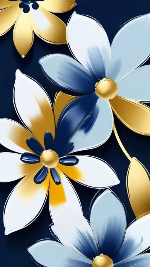 Prompt: Water paint abstract floral background with only gold, white and navy