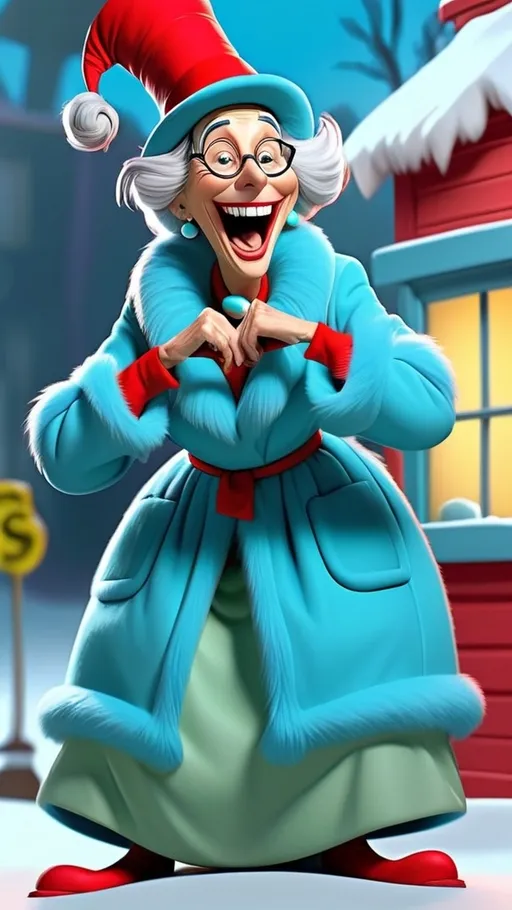 Prompt: Dr Seuss style Dr Seuss laughing granny gesturing 3D animation in BG seussical winter theme, full body, extreme long view 