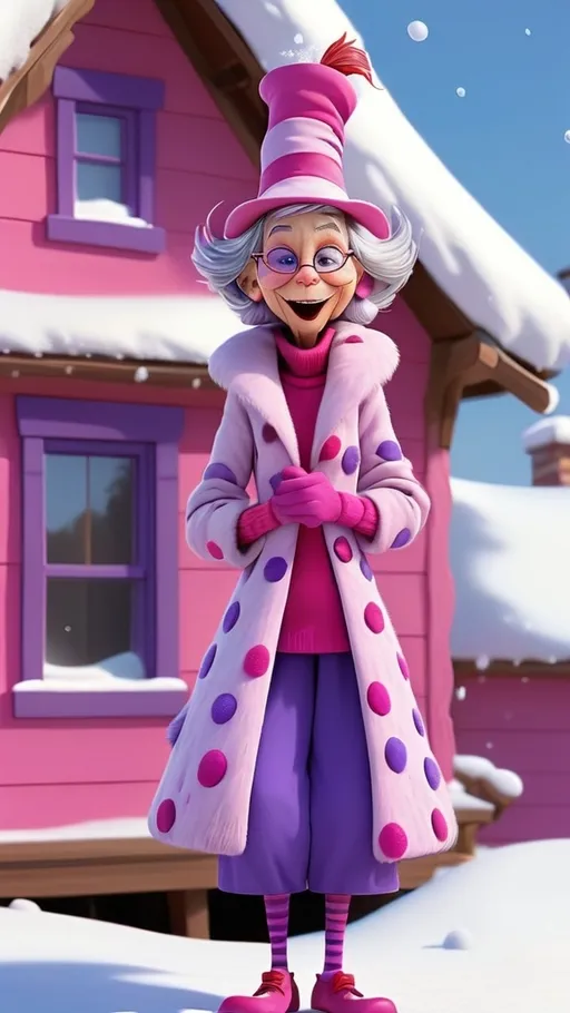 Prompt: Dr Seuss style, giggling granny Seuss wearing pink and purple dots 3D animation in BG whoville winter theme snow covered house, extreme long view, head to toe 