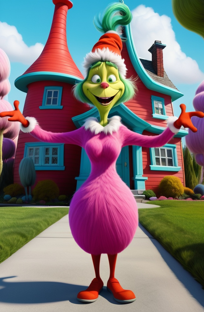 Prompt: Whoville house with Full head to toe view laughing (((shrugging gesture))) female granny standing in front of large house Dr Seuss style, SHRUGGING gesture giggling granny Seuss,  3D animation in BG whoville theme house, extreme long view, head to toe, ultra detailed 