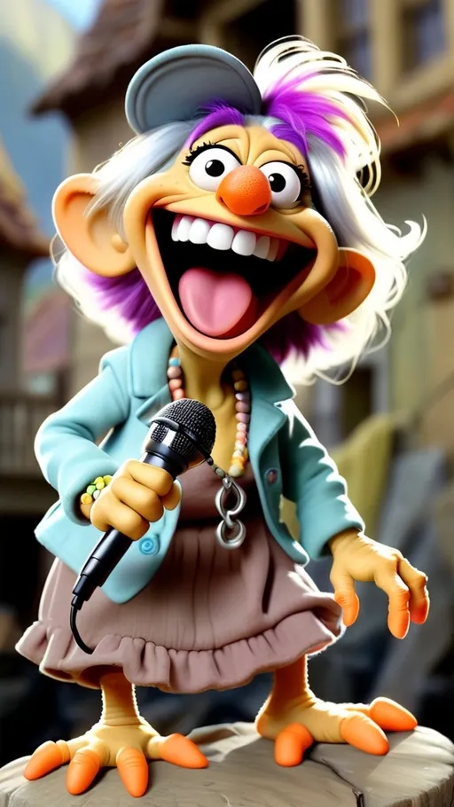 Prompt: Fraggle Rock style, Fraggle laughing granny muppet, gesturing holding a microphone, a goat next to her, BG Fraggle Rock, extreme long view, full body, 