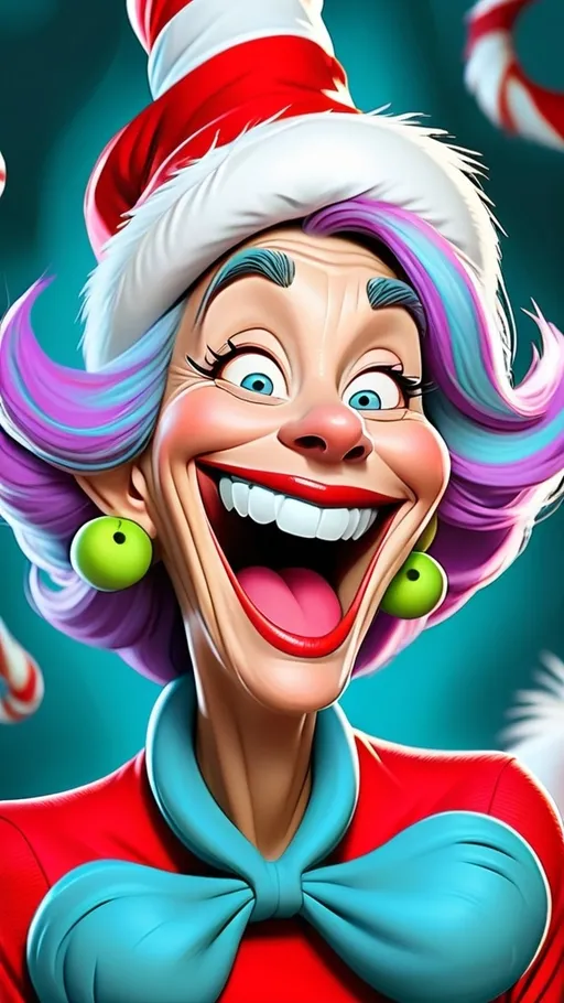 Prompt: Dr Seuss style Dr Seuss laughing granny Digital painting in whoville BG whoville seussical new year’s theme 