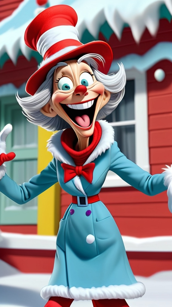 Prompt: Dr Seuss style Dr Seuss laughing granny gesturing 3D animation in BG seussical winter theme, full body, extreme long view 