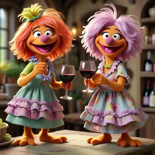 Prompt: 3D animation, kawaii, 2 grandma multinational Fraggle Rock character Muppet best friends, having a glass of wine, each is holding only one glass of wine, wearing spring dresses, totally cute and adorable, very fun and cheerful 