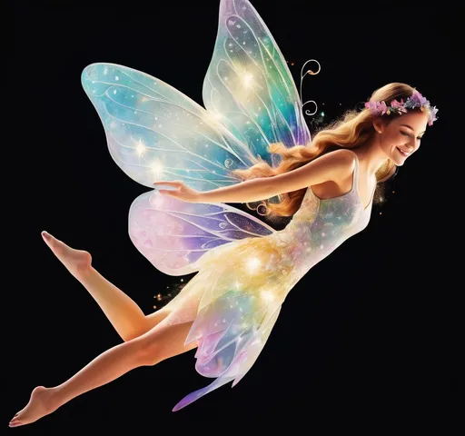 Prompt: Create Beautiful woman, a delicate fairy, in a vibrant, colorful, whimsical environment, side view, suspended in mid-air, with a joyful, smiling expression, amidst a trail of glittering pixie dust, her full body, symmetrical, glistening wings outstretched, masterfully rendered in exquisite detail, showcasing intricate textures, and a playful, ethereal ambiance, with soft, luminous lighting, and a silent, iridescent glow, reminiscent of the styles of Amy Brown, Kinuko Y. Craft, and Brian Froud, with a mix of realism and fantasy, blending traditional and digital media, in a highly detailed, high-resolution image, with a shallow depth of field, and a subtle bokeh effect, set against a dreamy, enchanted backdrop