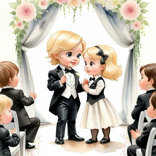Prompt: Kawaii
Kawaii, watercolor, a blonde toddler in tuxedo talking to a brunette toddler in tuxedo, at a wedding, very detailed, full body