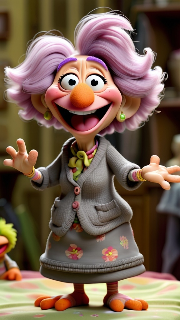 Prompt: 3D animation, kawaii, fraggle rock muppet granny, laughing, hand on hip
