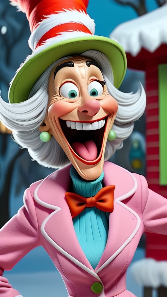 Prompt: Dr Seuss style Dr Seuss laughing granny gesturing 3D animation in BG seussical winter theme, full body, extreme long view 