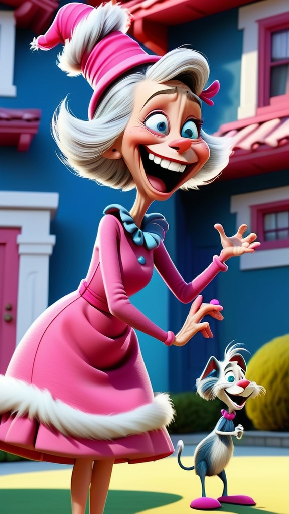 Prompt: Whoville house with Full head to toe view laughing female granny standing in front of large house Dr Seuss style, giggling granny Seuss holding her puppy , wearing contrasting clothes 3D animation in BG whoville theme house, extreme long view, head to toe theme navy blue background contrasts with  hot pink and white abstract shapes.