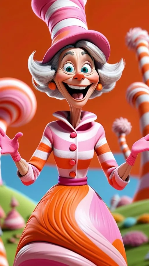 Prompt: extreme long view, head to toe, Dr Seuss style, giggling granny Seuss wearing pink and orange swirling pattern Springtime clothes 3D animation in BG whoville Springtime theme, 