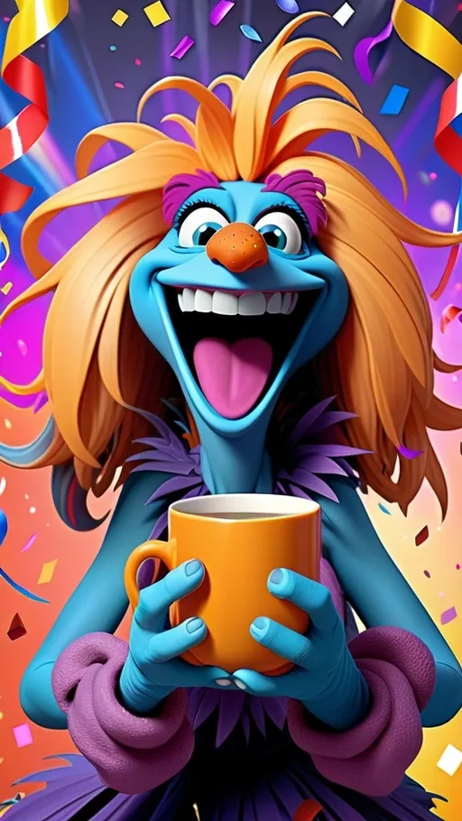 Prompt: Fraggle Rock style Fraggle laughing female monster holding a coffee cup BG Fraggle house New Year’s Eve theme new year’s theme BG vibrant Confetti, streamers, fireworks  