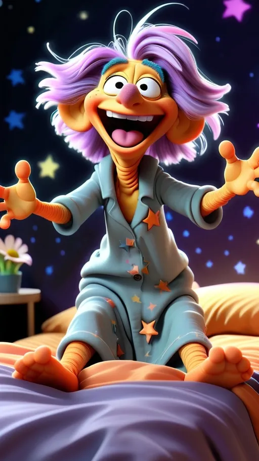 Prompt: Vibrant Fraggle Rock style, Fraggle laughing granny gesturing arms wide open, , laying in bed 3D animation, in BG hand drawn stars