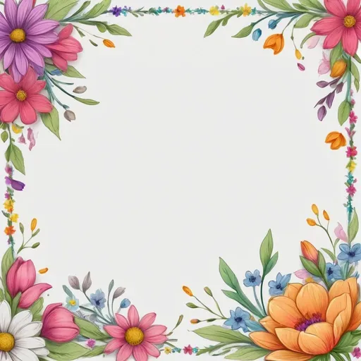 Prompt: A hand drawn square surrounded by Spring time Floral border with real flowers on white background with some hand drawn strokes around the flowers and hand drawn leaves, vibrant colors, very detailed 