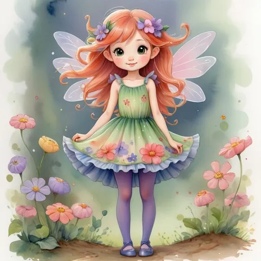 Prompt: Watercolor, kawaii, (((fairy age 5))) flowers in hair, wearing dress and tights,  happily, (((full body))) extreme long view