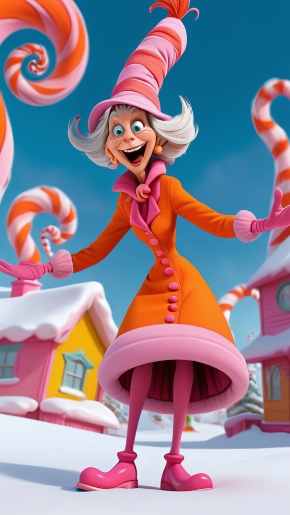 Prompt: extreme long view, Dr Seuss style, giggling granny Seuss wearing pink and orange swirling pattern winter clothes 3D animation in BG whoville winter theme, 