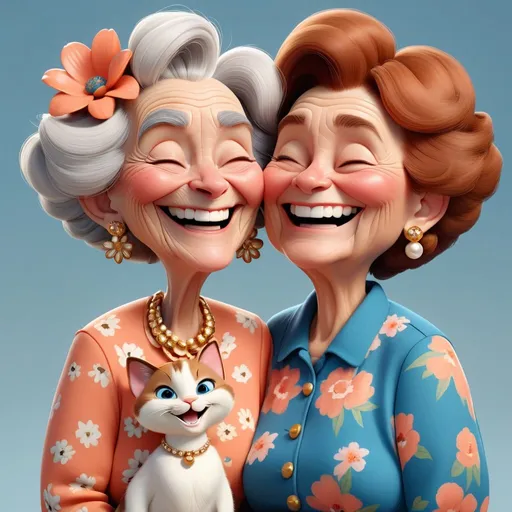 Prompt: 3D animation, 2 grandmas that look different from each other, laughing, standing cheek to cheek, The one on the left has a bulbous nose, wearing coral and white floral print. The one on the right has brown hair, is holding a cat that is nuzzling her neck brown hair, She has gold earrings, wearing blue and white.