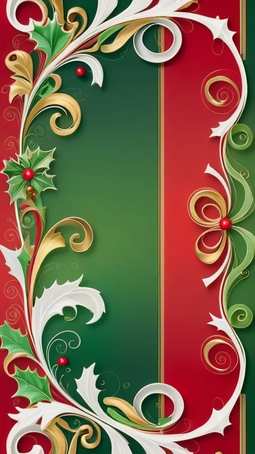 Prompt: Whimsical Christmas wallpaper background with gold white green hand drawn flourishes and embellishments a Christmas border on a red paper vibrant colors, very detailed