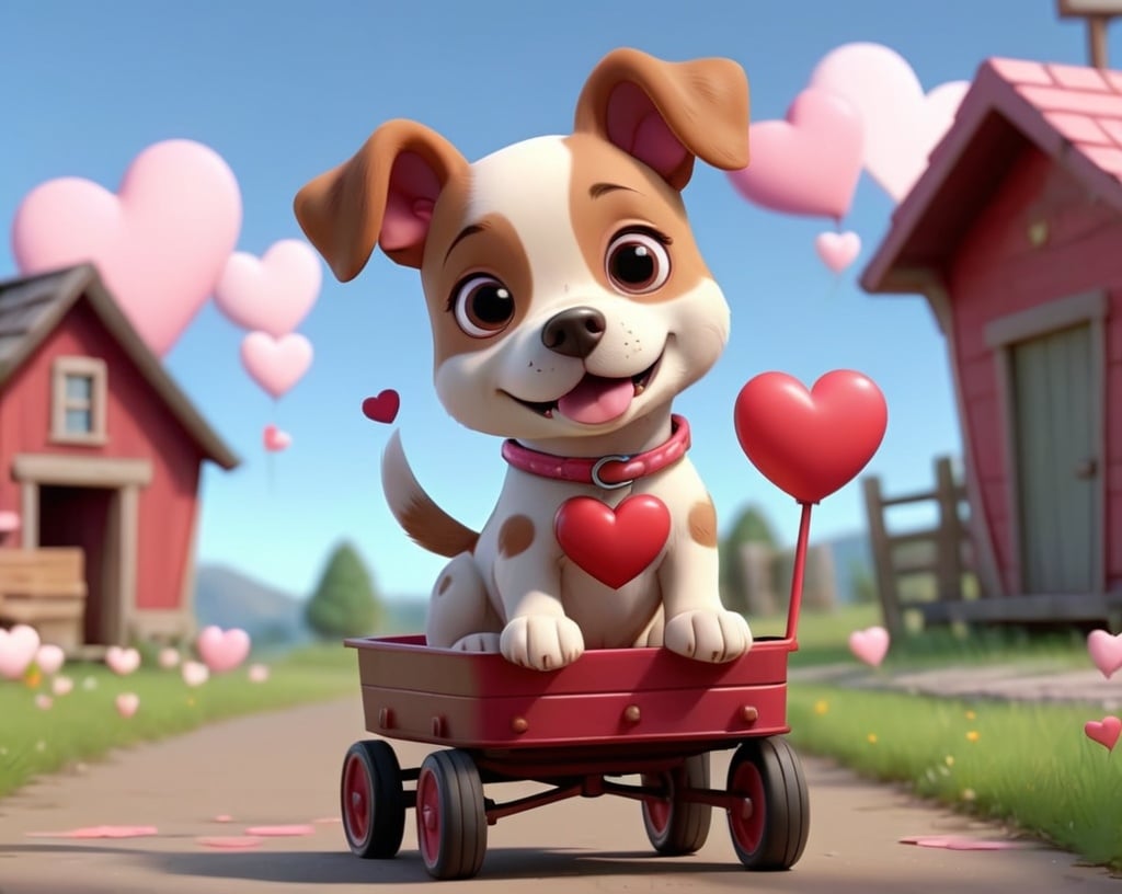 Prompt: 3D Animation, kawaii, a dog with a heart patch waving and pulling a wagon that has a heart in it and hearts on the wheels, very cute and adorable, full body, extreme long view