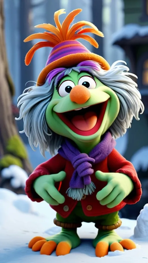 Prompt: Fraggle Rock style theme 3D animation, laughing Fraggle granny BG Fraggle Rock winter