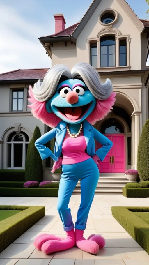 Prompt: head to toe view, Extreme long view,, Muppet theme, vibrant, ultra-detailed, Muppet Show style, standing in front of a mansion, Muppet laughing granny monster gesturing, gray hair, wearing exercise clothes blue and pink. The overall style is modern, whimsical, and full of life, with bold lines and delicate textures that create a sense of energy.  BG modern style mansion 