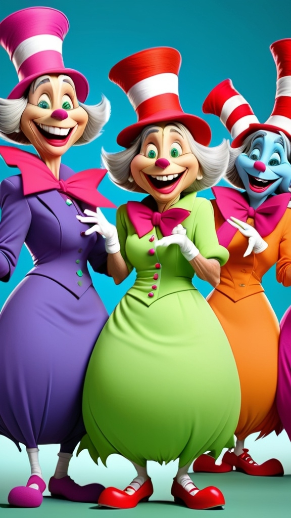 Prompt: 3D animation, (((a laughing dancing seussical granny))), in whoville