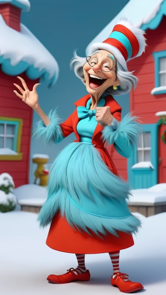 Prompt: Dr Seuss style Seussical laughing granny gesturing 3D animation in BG seussical winter theme, full body, extreme long view 