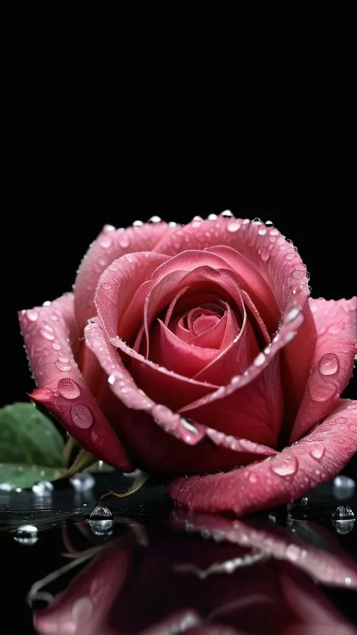 Prompt: Realistic A beautiful rose with some dew drops (((laying on its side))) in lower third of screen background black  top two thirds of screen is black background 