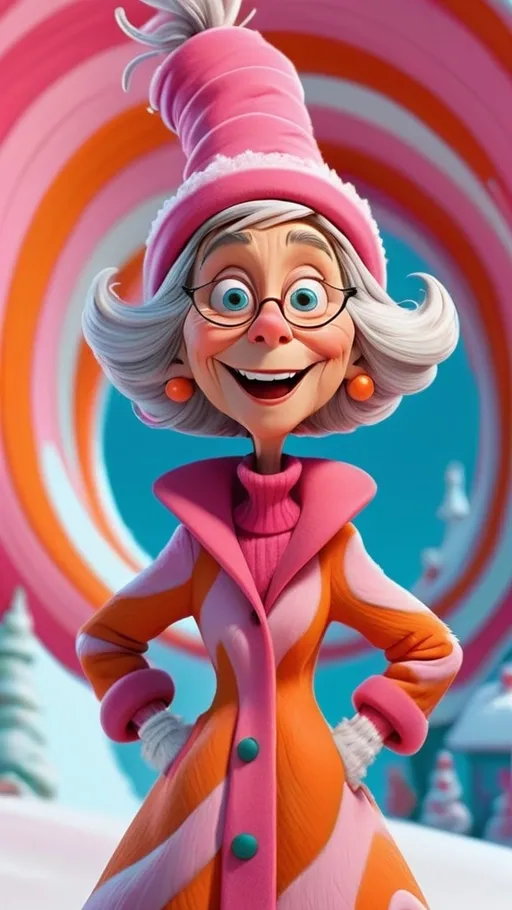 Prompt: extreme long view, Dr Seuss style, giggling granny Seuss wearing pink and orange swirling pattern winter clothes 3D animation in BG whoville winter theme, 