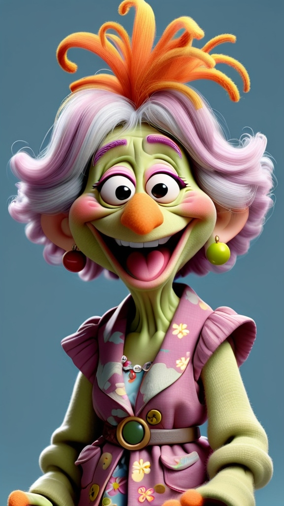 Prompt: 3D animation, kawaii, fraggle rock muppet granny, laughing, hand on hip
