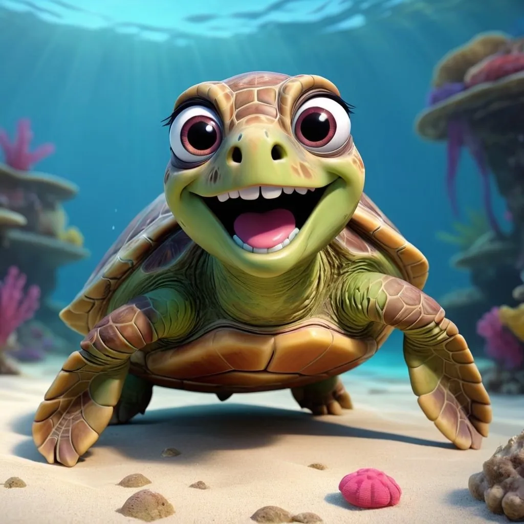 Prompt: 3D animation, kawaii, a very old swimming sea turtle muppet with huge eyes and a cute smile, very fun and cheerful 